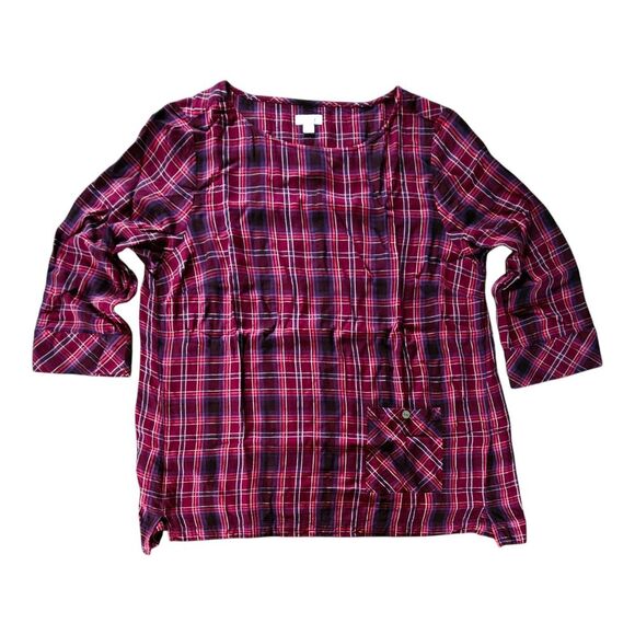 J Jill Womens Size L Maroon Pink Plaid Tunic Blouse Top Front Pocket Pullover - Picture 1 of 7